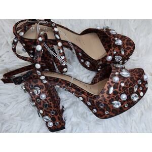 Leopard Rhinestone Pearl Platform Heels Women’s Chunky Party Shoes Size 10